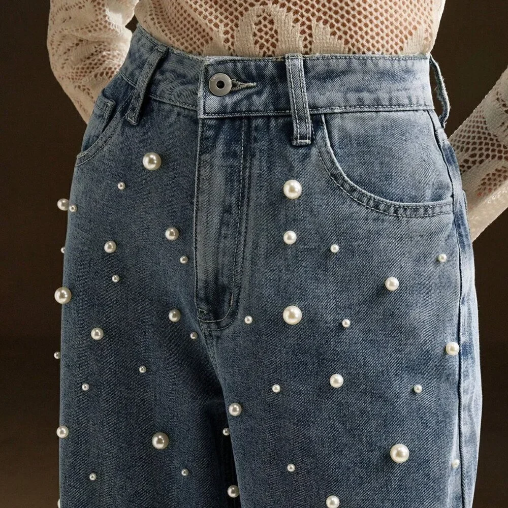 Blue Casual Women's High Waist Pearl Embellished Straight Loose Wide Leg Jeans